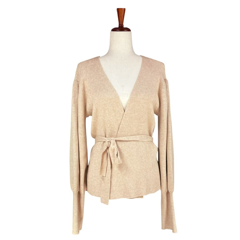 CURRENT AIR Soft Rib-Knit Belted Bishop-Sleeve Wrap Cardigan in Creamy Tan Sz M